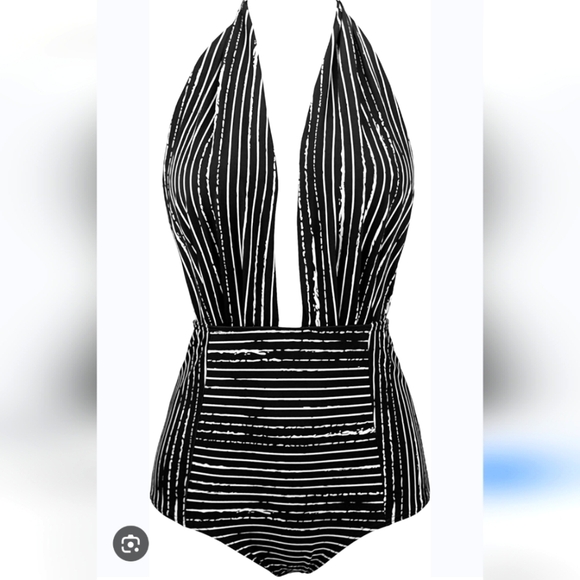 Coco Ship White And Black Striped One Piece Swimsuit - Picture 1 of 10